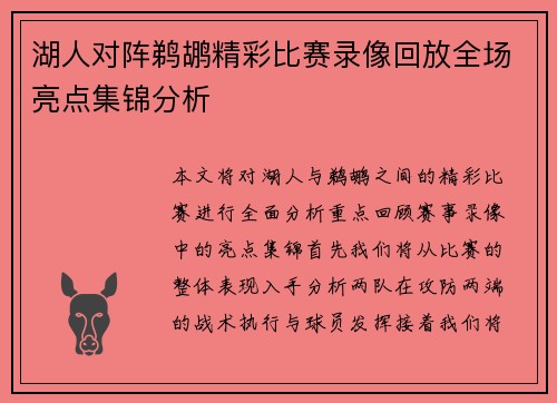 湖人对阵鹈鹕精彩比赛录像回放全场亮点集锦分析