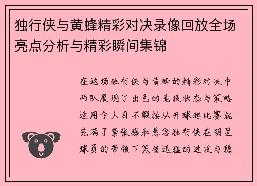 独行侠与黄蜂精彩对决录像回放全场亮点分析与精彩瞬间集锦